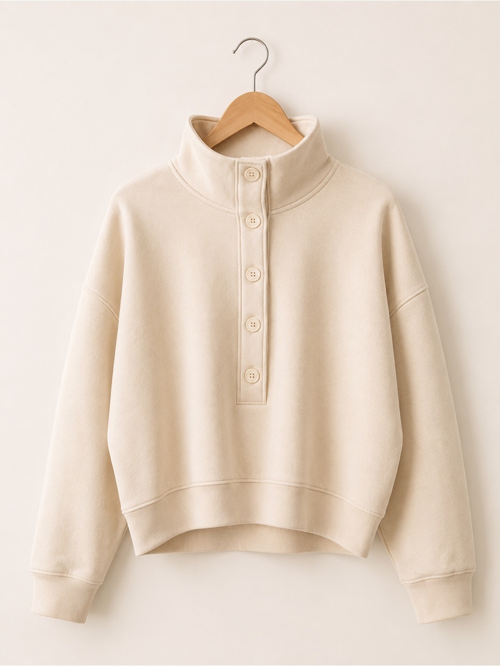 Women's Cream Button-Placket Funnel Neck Sweater